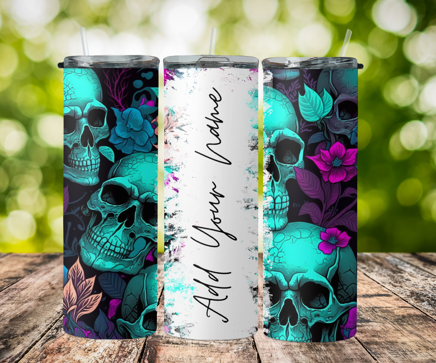 seamless split name- neon skull with flowers