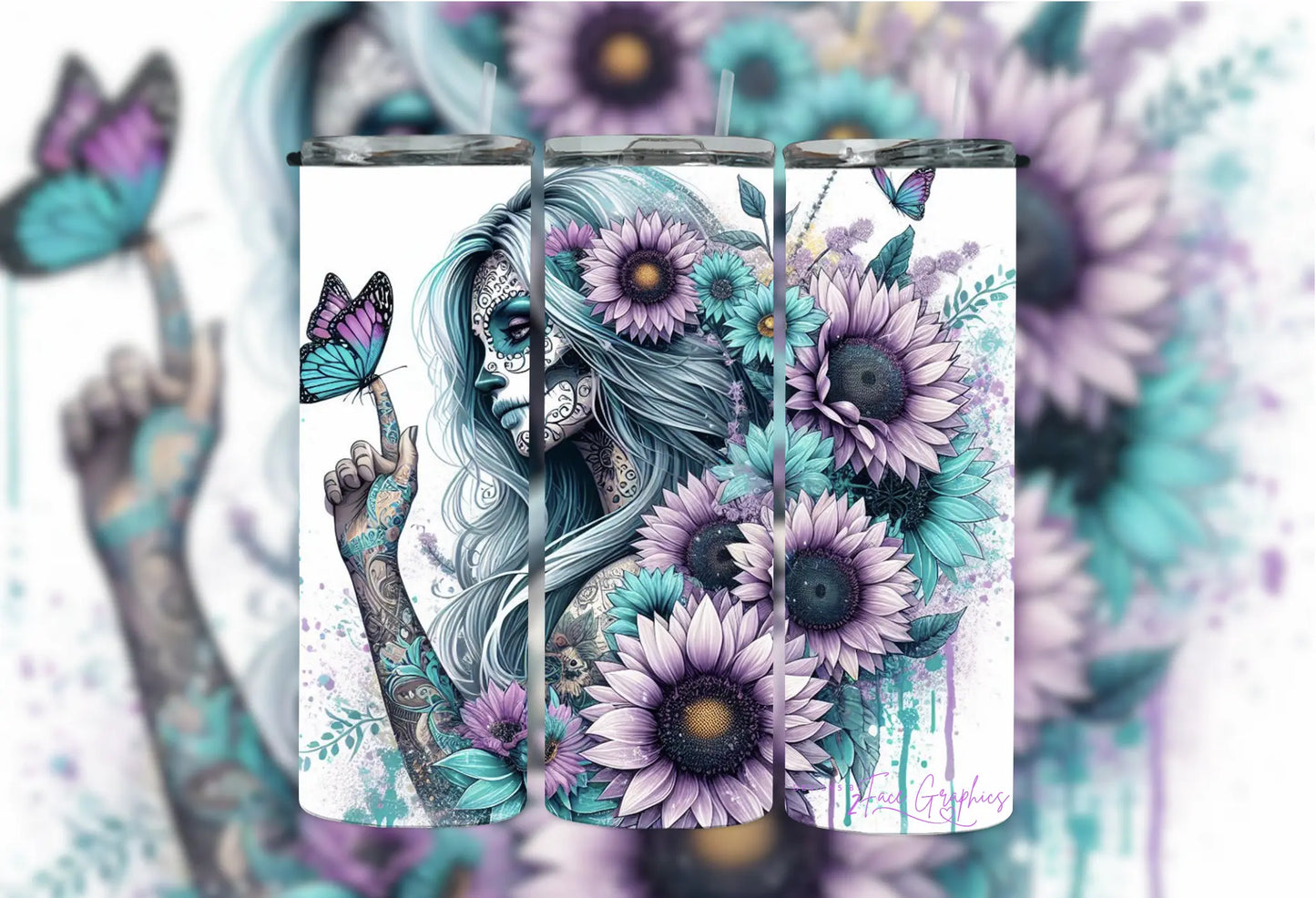 Watercolor Candy Skull Sunflower Girl 2Face Graphics