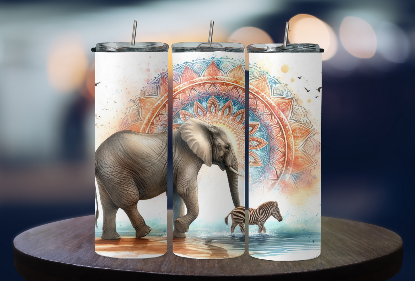 Elephant with zebra in a puddle 2Face Graphics