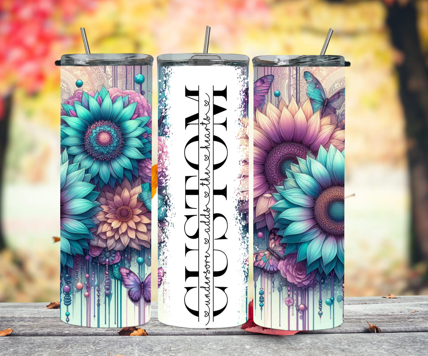 Turquoise dripping sunflower with butterfly's