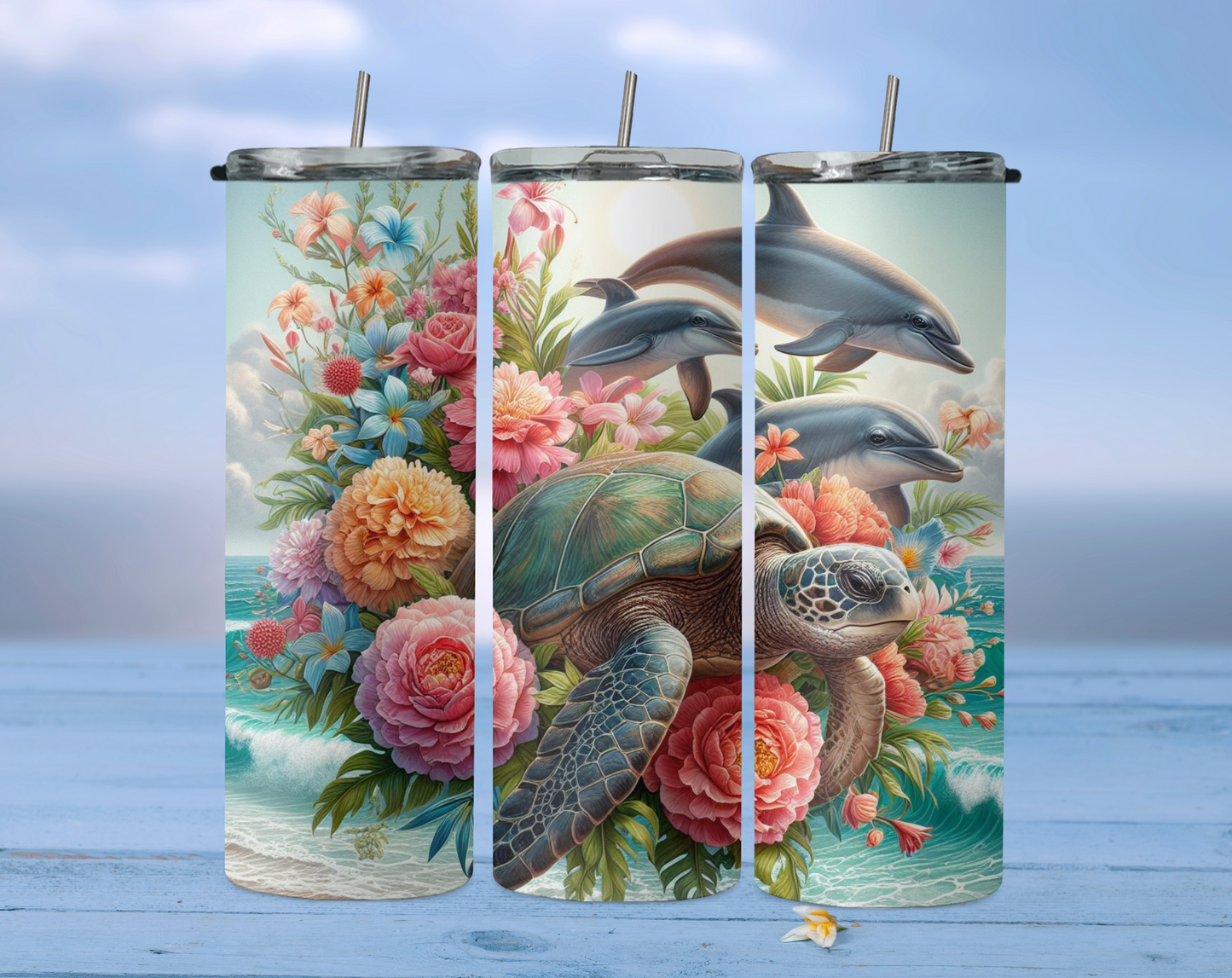 Sea turtles with flowers and jumping dolphins 2Face Graphics