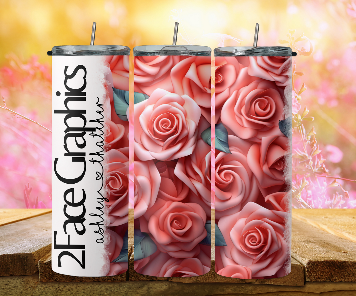 3D pink green leaf rose 2Face Graphics