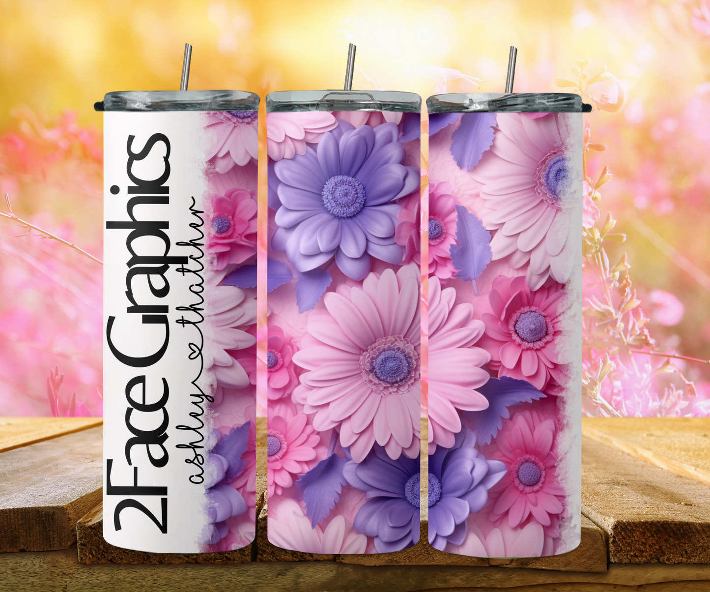 3D pink purple white daisy 2Face Graphics