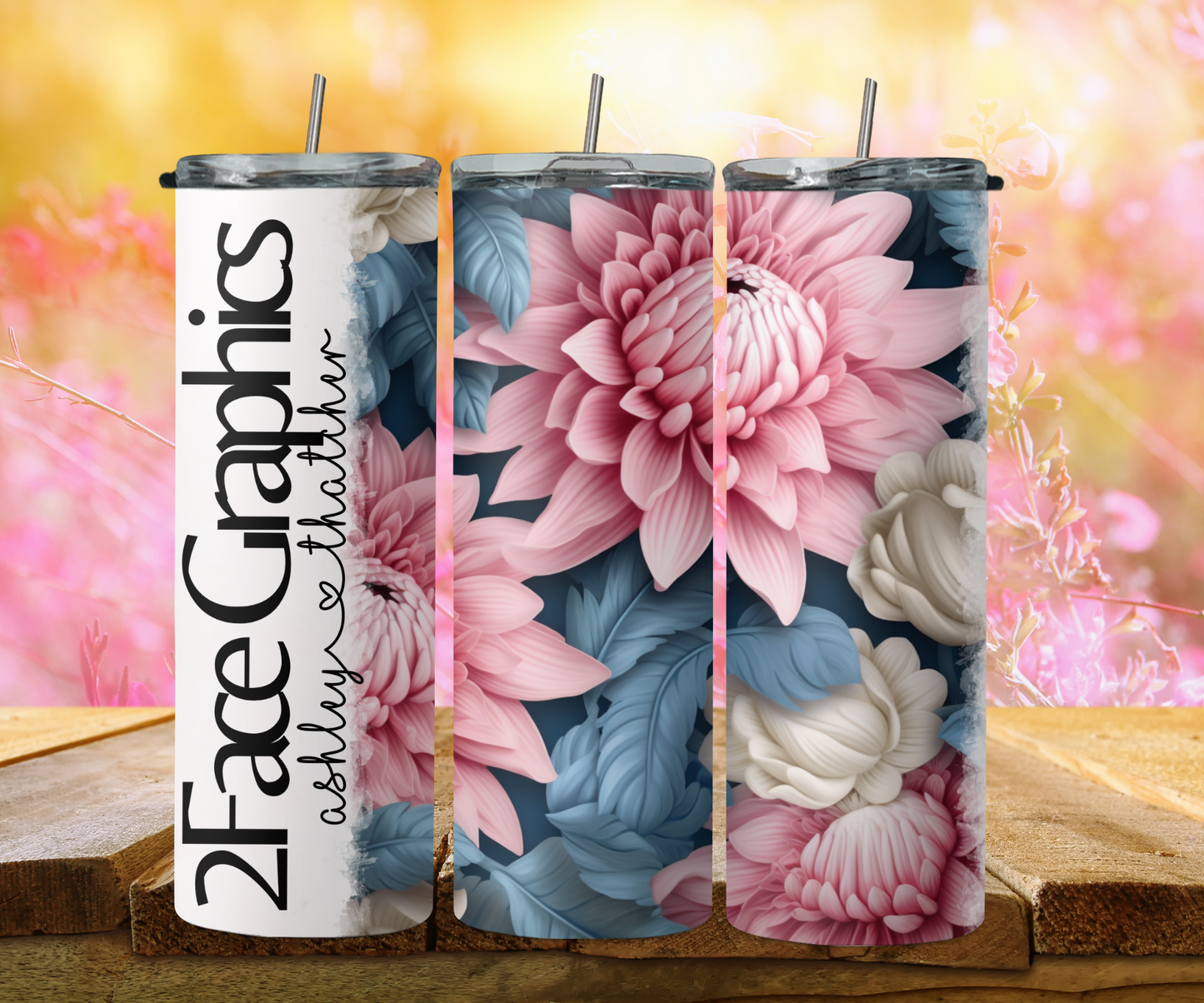 3D pink white blue open flower 2Face Graphics