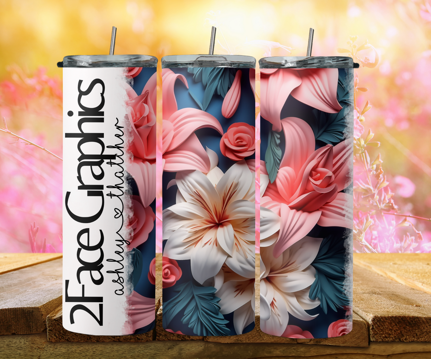 3D pink, white flower open 2Face Graphics