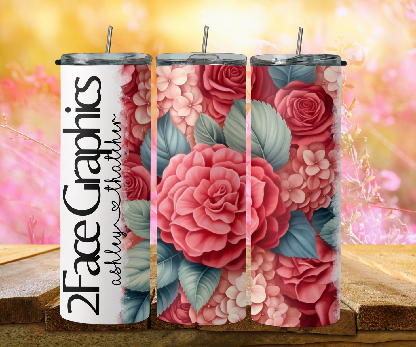 3D red pink green flower 2Face Graphics