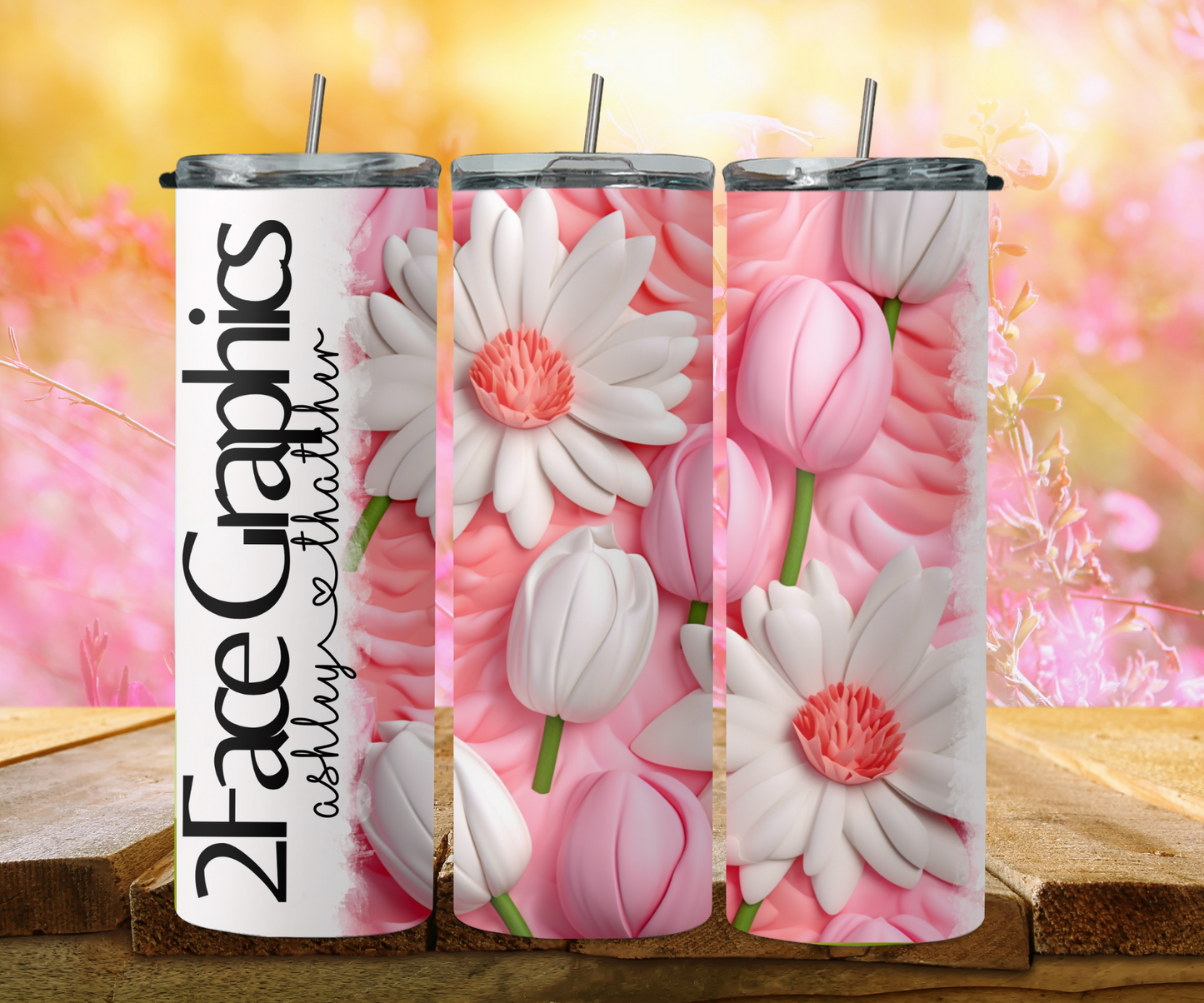 3D tulip white pink white daisy 2Face Graphics