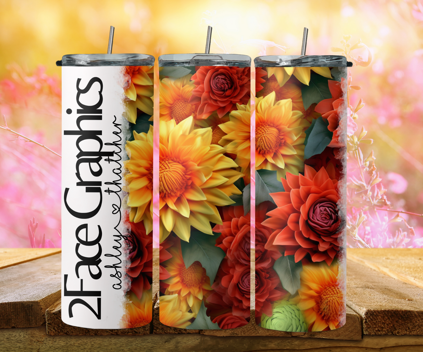 3D yellow orange green flower 2Face Graphics