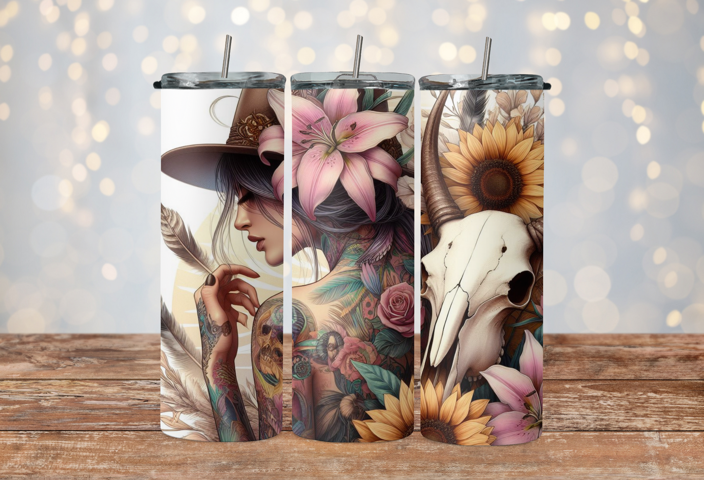 western boho tattoo girl with sunflowers and lilies 2Face Graphics