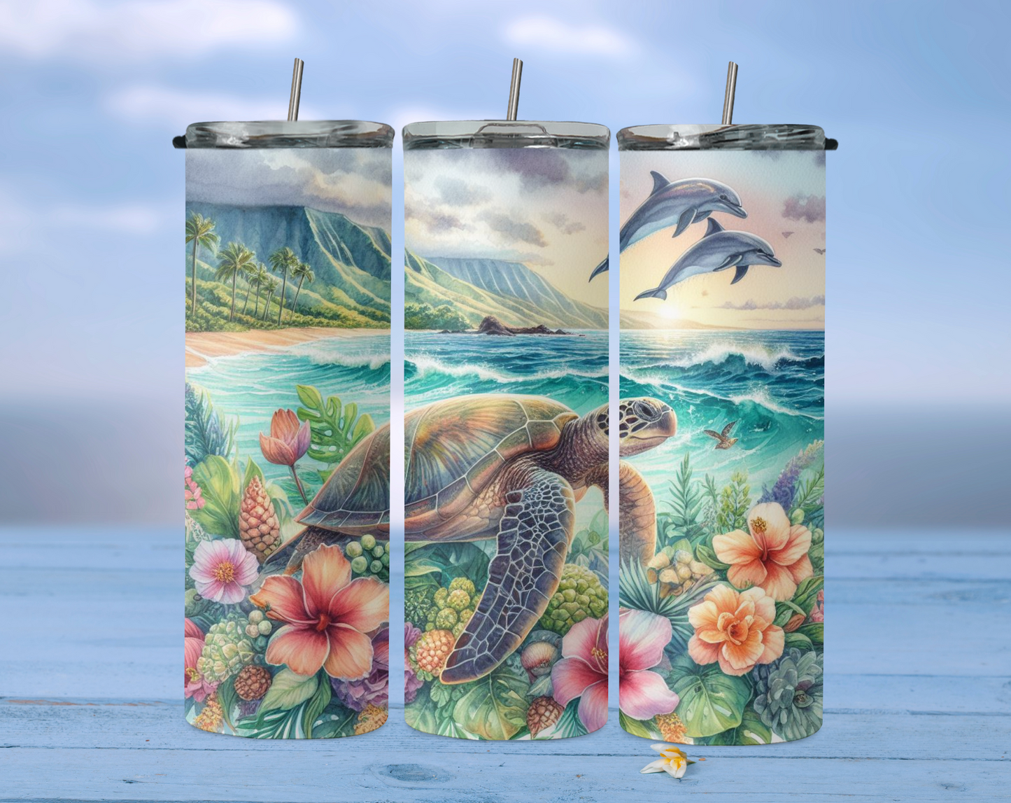Sea turtle with flowers and dolphins 2Face Graphics