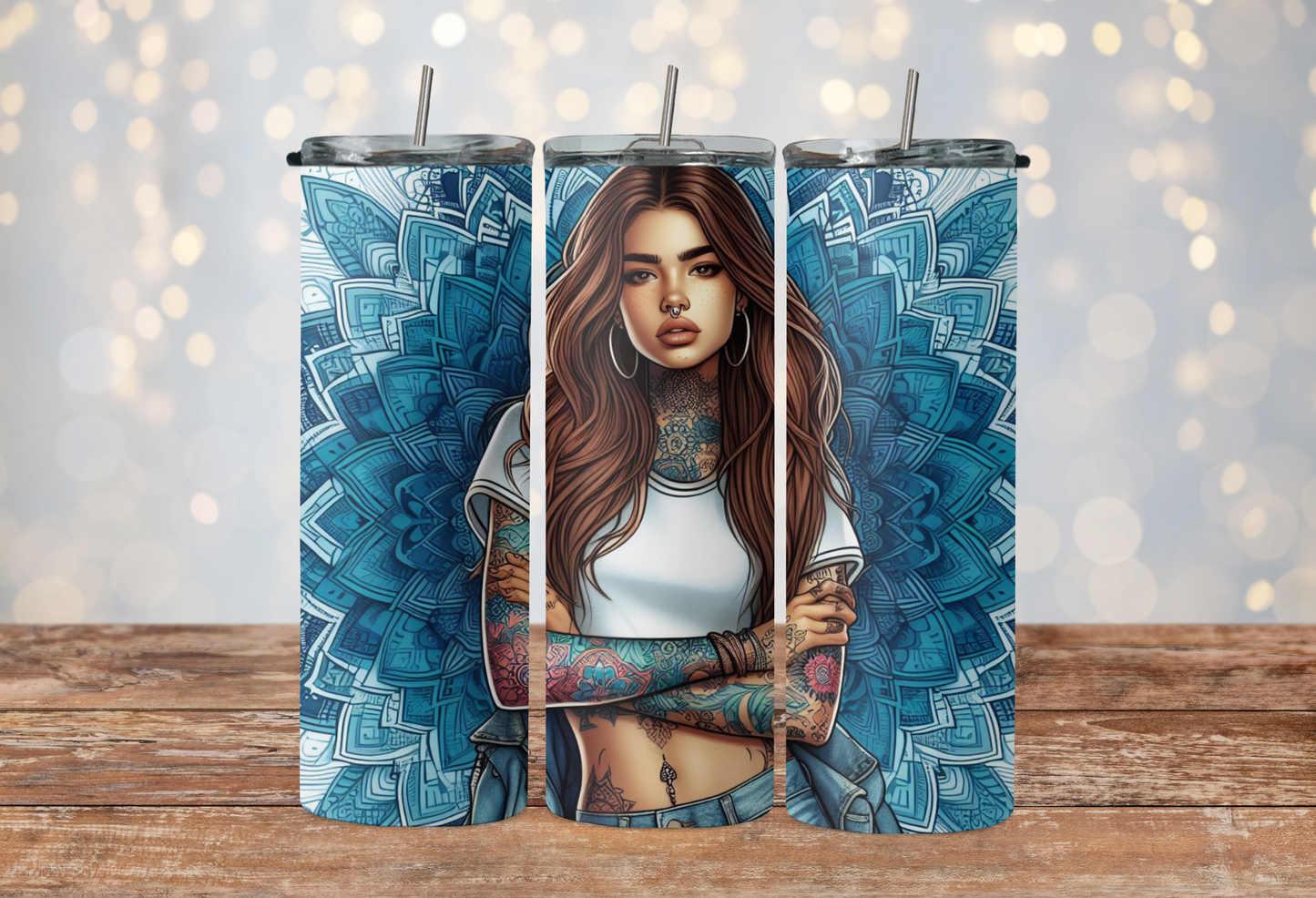 Blue mandala tattooed brown hair girl 2Face Graphics