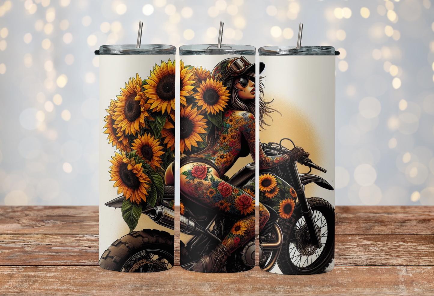 Tattoo girl riding motorcycle with sunflowers