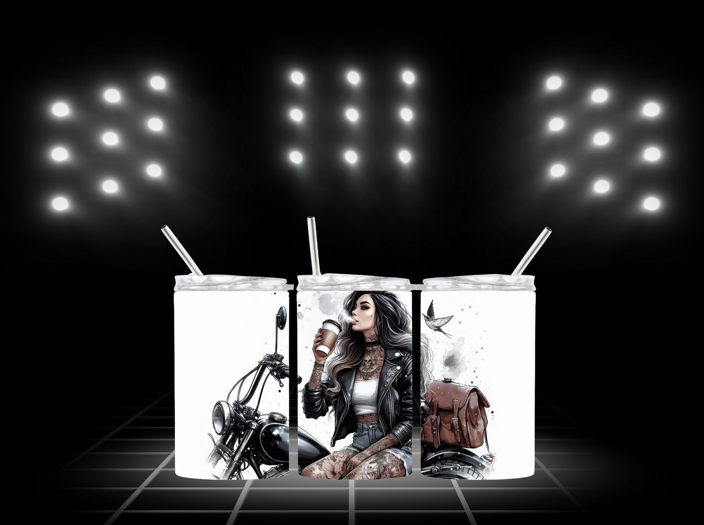 Girl relaxing on her motorcycle drinking coffee 2Face Graphics
