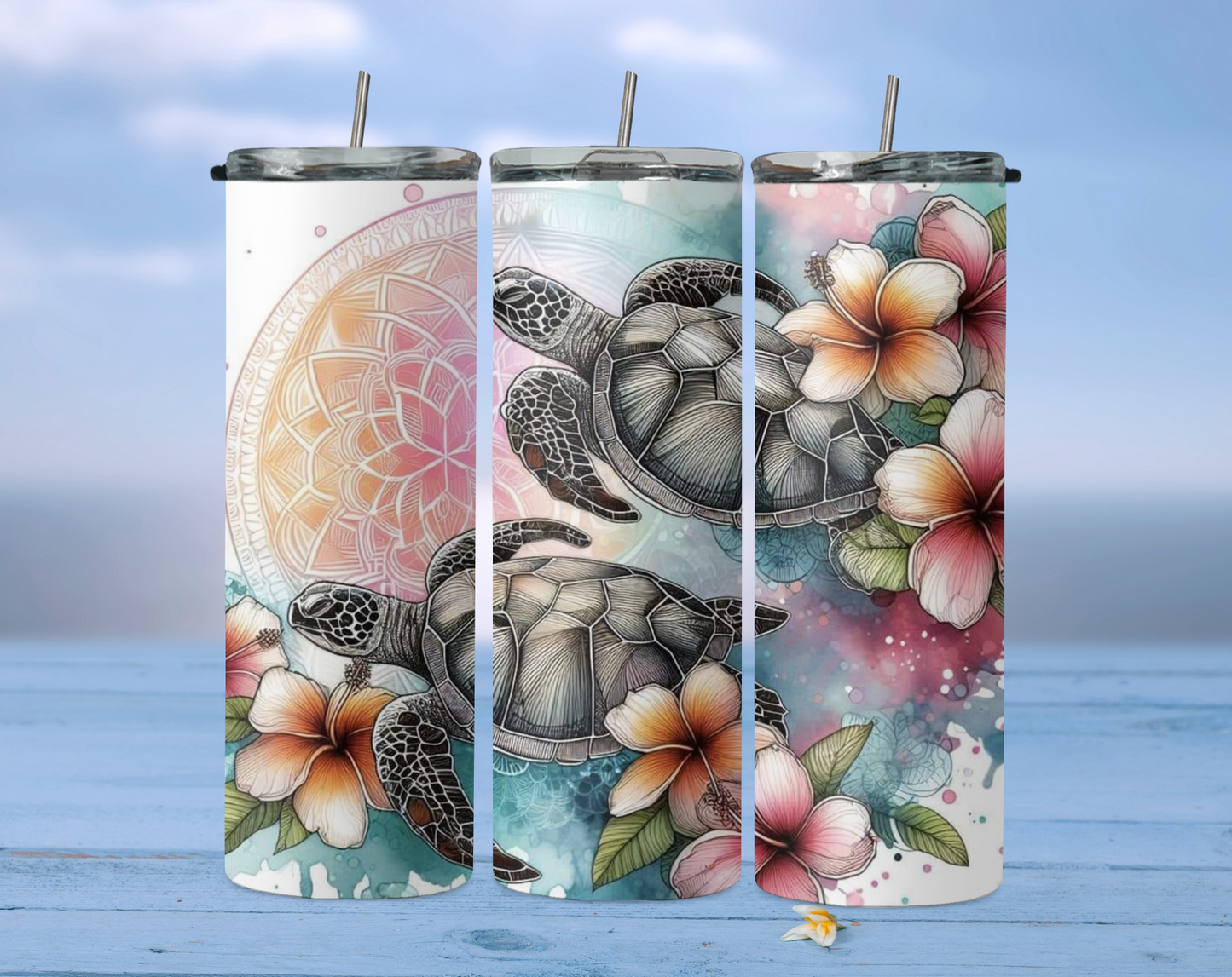 Sea turtles with flowers