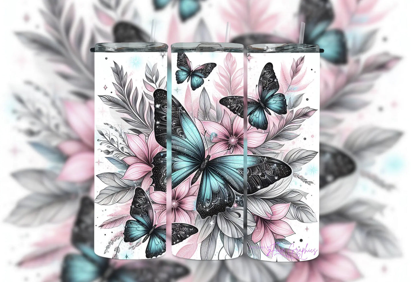 Watercolor Butterfly's and Habiscus Tumbler 2Face Graphics