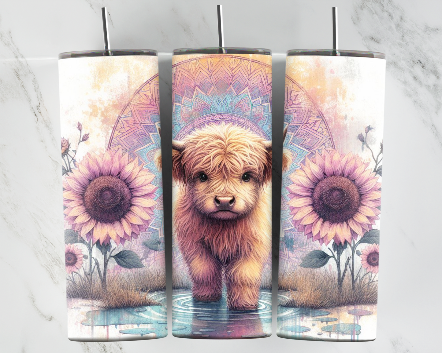 highland cow with mandala background 2Face Graphics