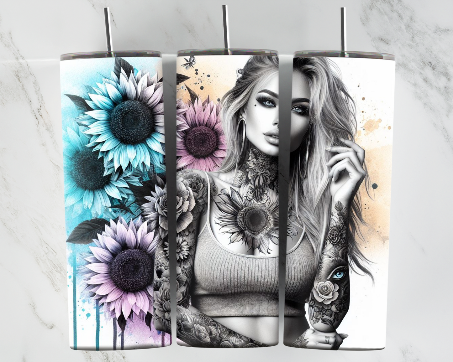 Tattoo Girl With Orange Sunflowers 2Face Graphics