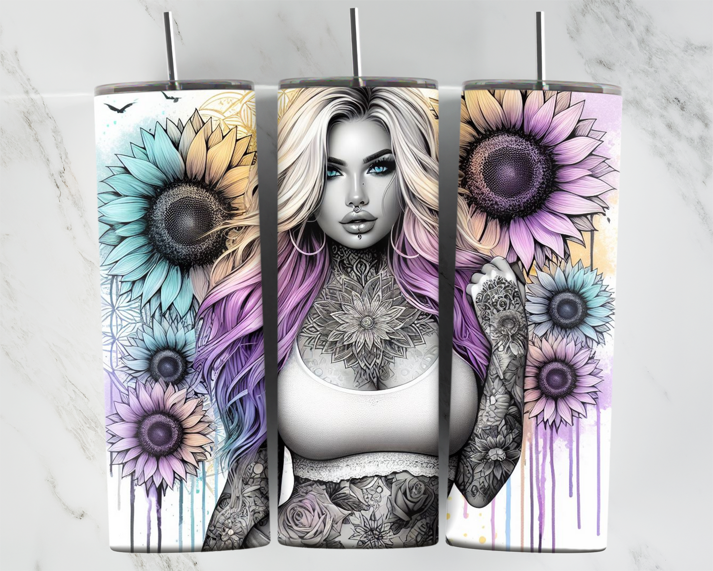 Tattoo Babe With Pastel Sunflowers 2Face Graphics