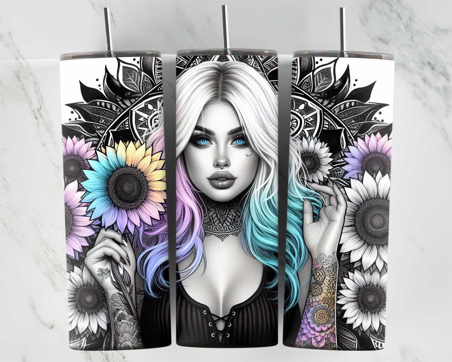 Tattoo Pastel Girl Black Top Mandala Background