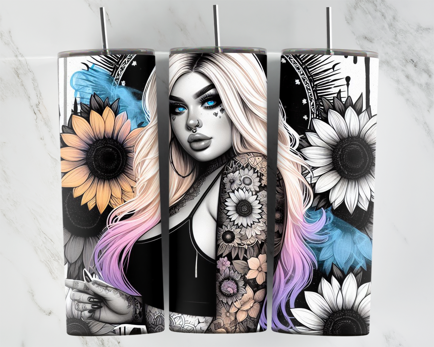 Plus size Tattoo Girl With Orange Sunflower 2Face Graphics
