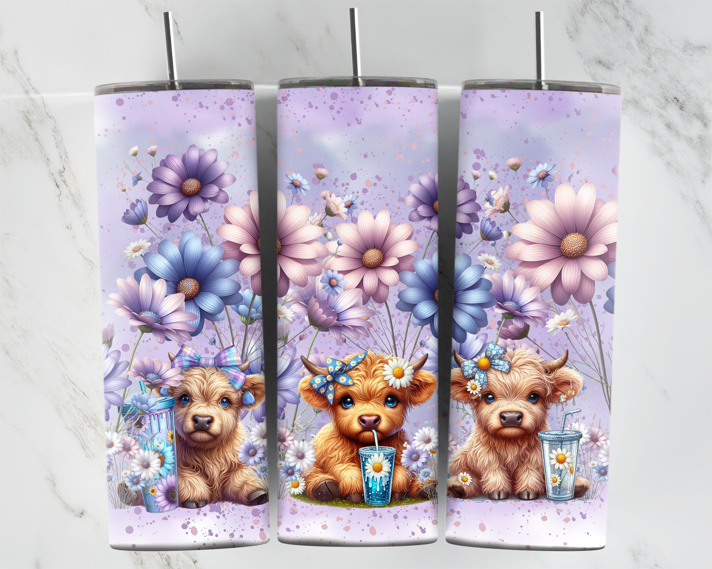 Highland cow with daisy's purple background 2Face Graphics
