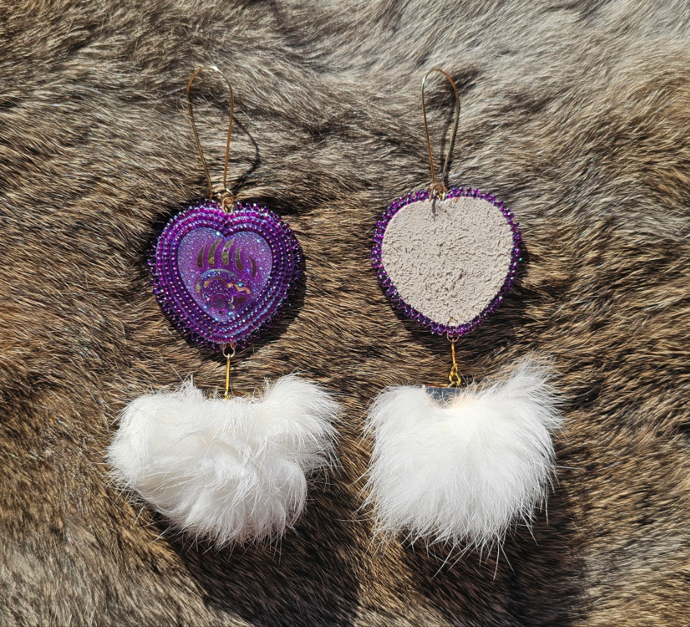 Purple beaded bear claw with rabbit fur pompom