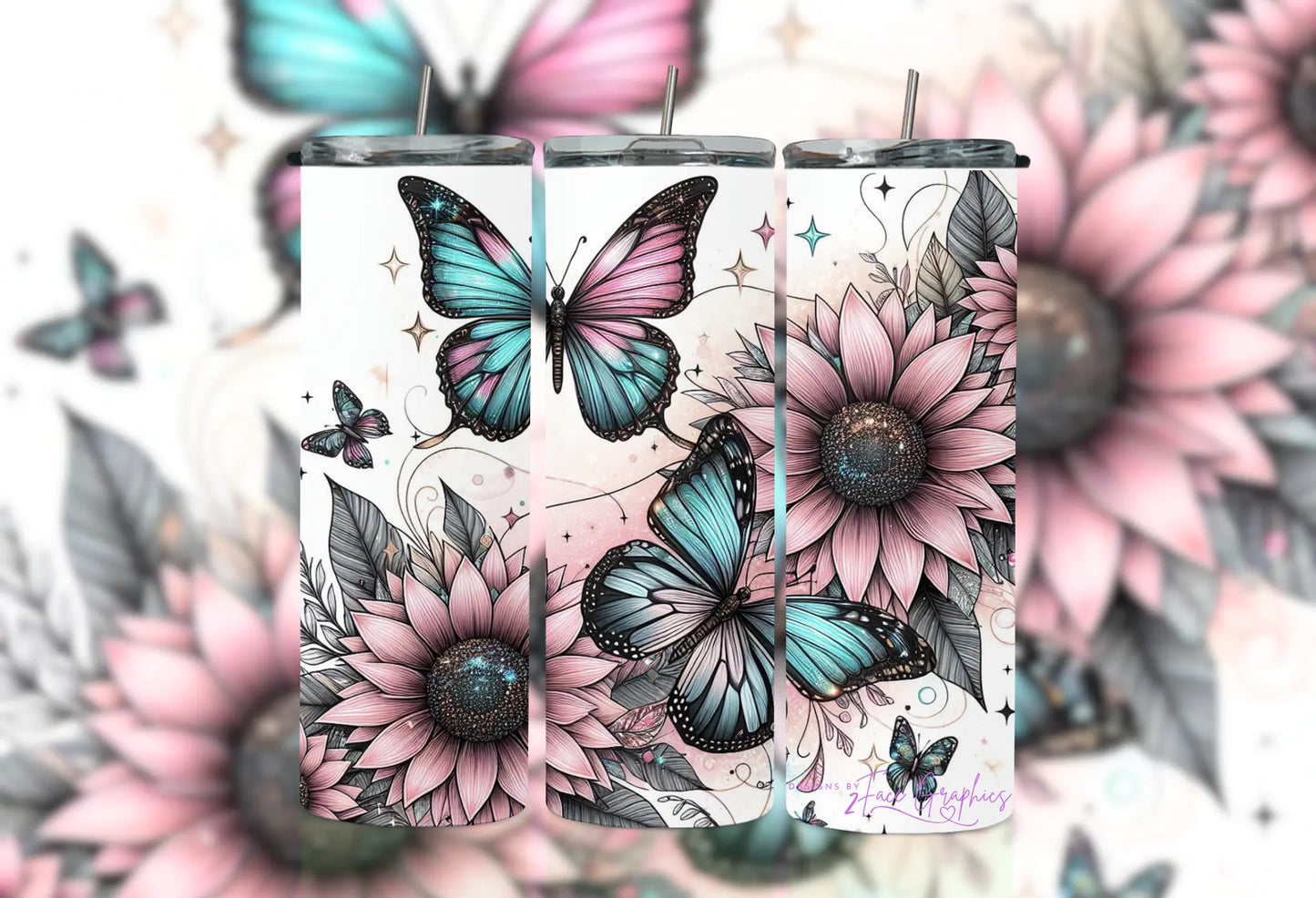 Watercolor Sunflower Butterfly Tumbler 2Face Graphics