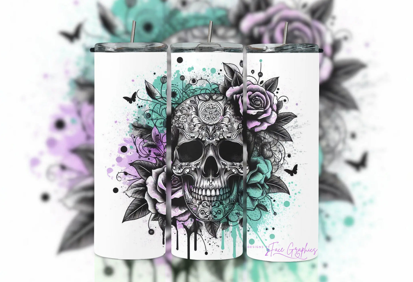 Watercolor Mandala Skull Rose Tumbler 2Face Graphics