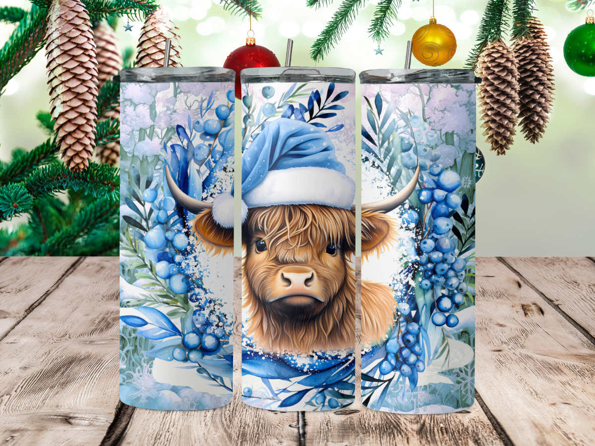 Christmas highland cow blue wreath 2Face Graphics
