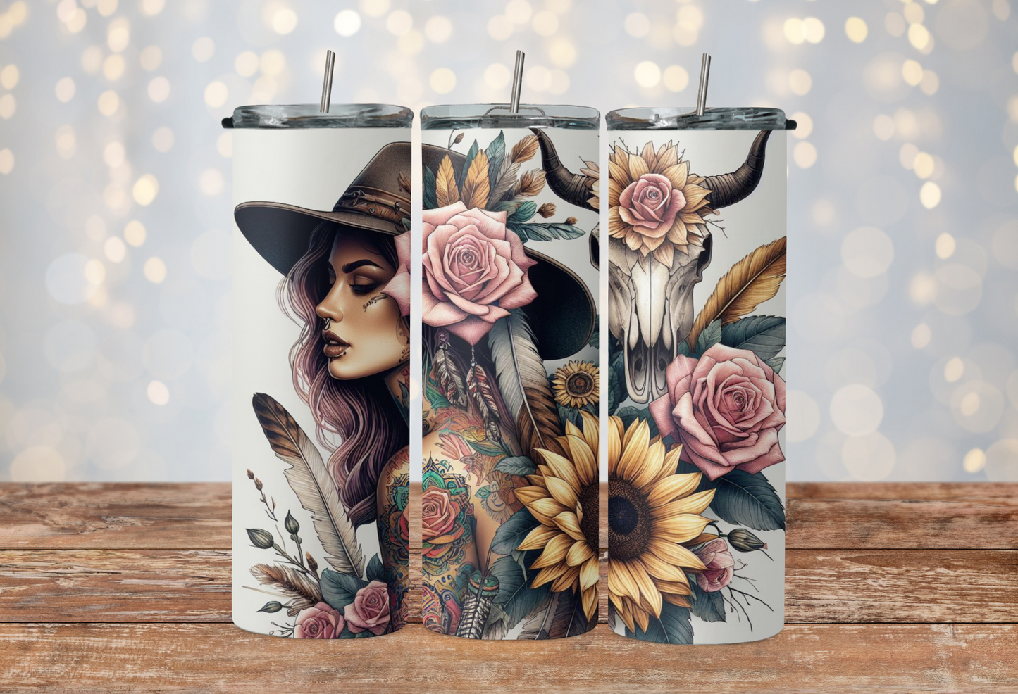 boho style tattoo western women with feathers and skull 2Face Graphics
