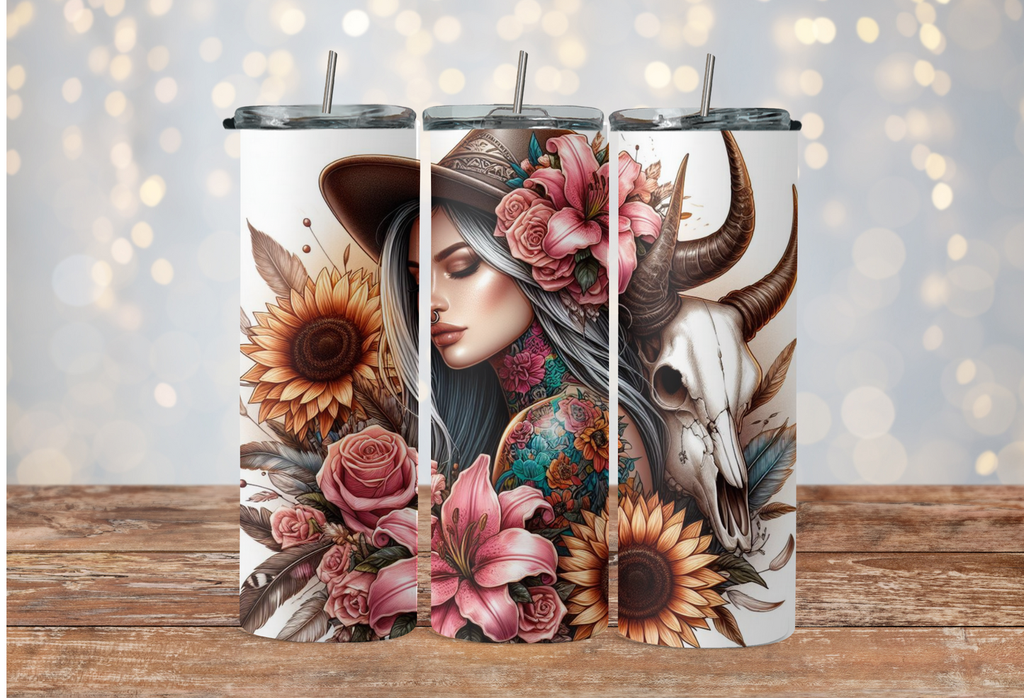 Boho girl with roses, lilies and sunflowers 2Face Graphics
