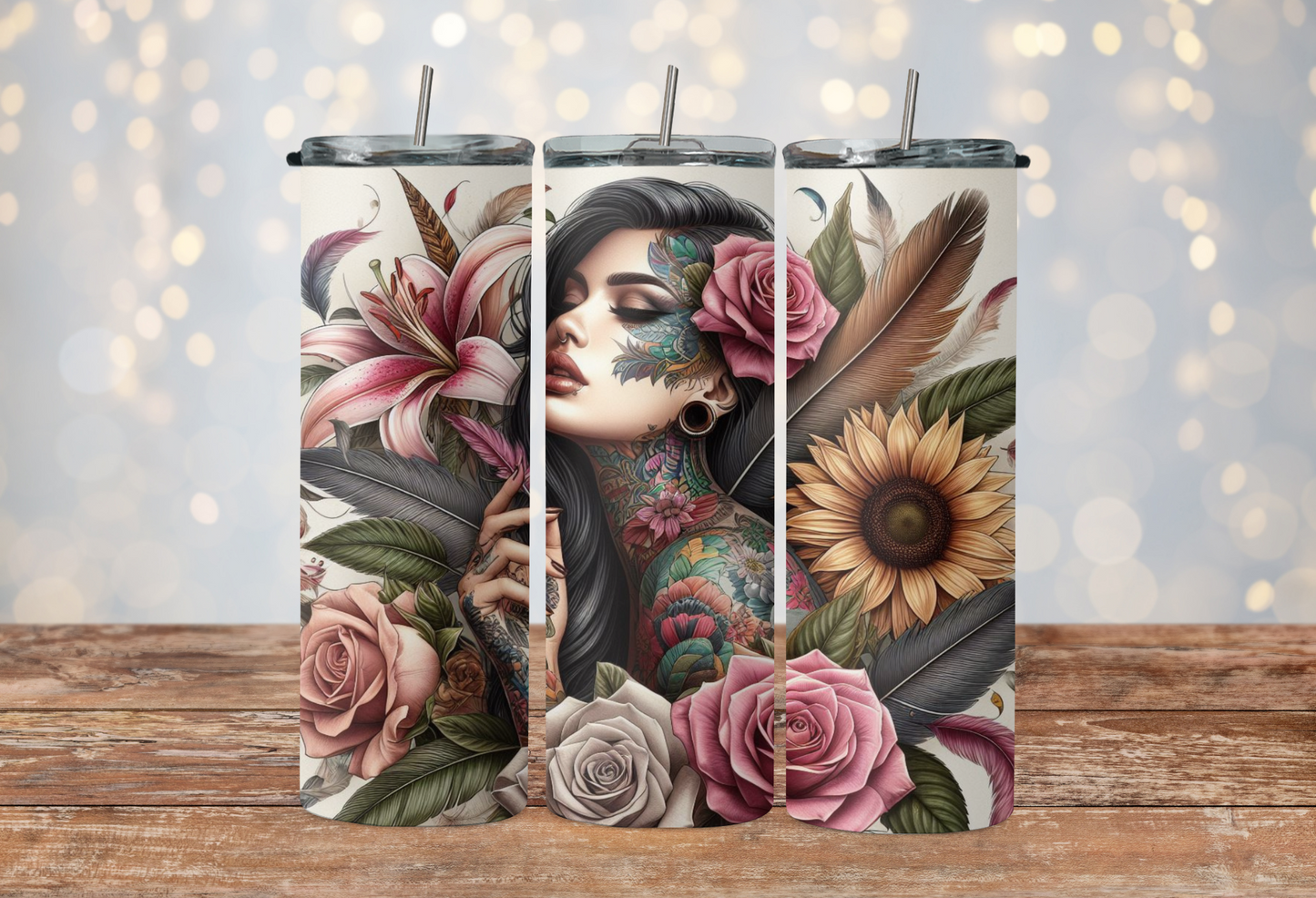 Boho girl tattooed with roses, lilies and sunflowers 2Face Graphics