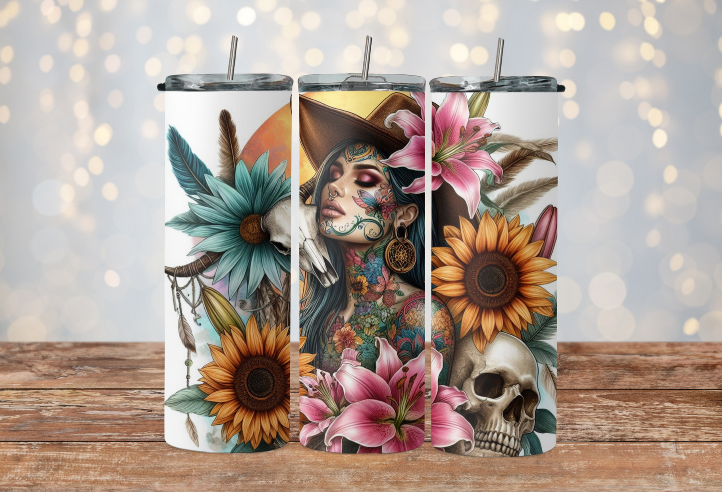 Boho girl tattooed with roses, turquoise lilies and sunflowers 2Face Graphics