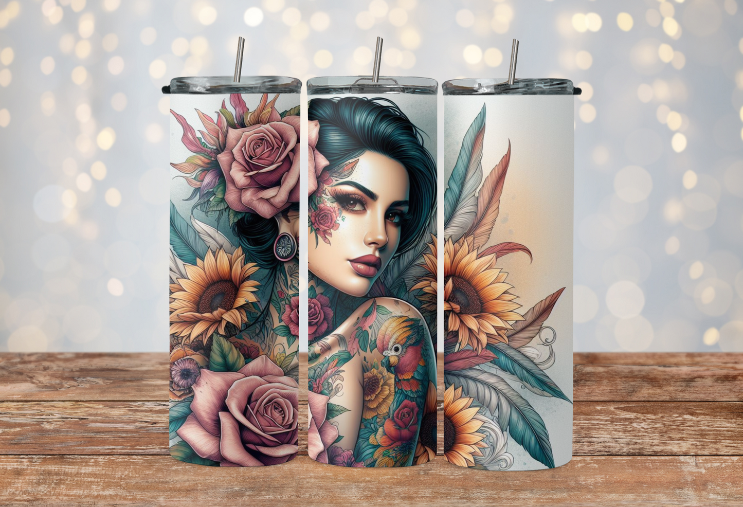 Boho girl tattooed with sunflowers, lilies and feathers 2Face Graphics