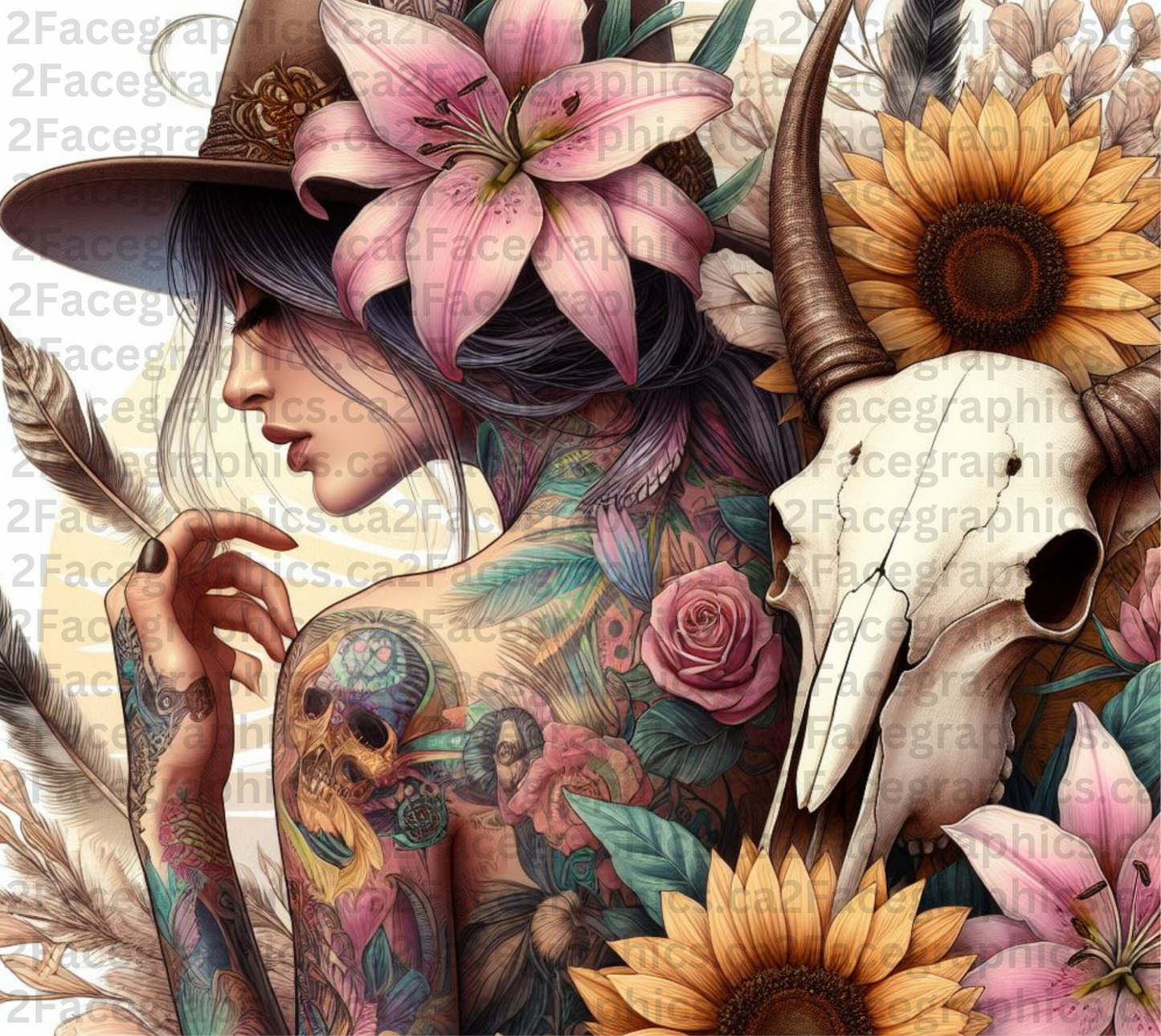 Boho style girl with feathers and bull skull WRAP 2Face Graphics