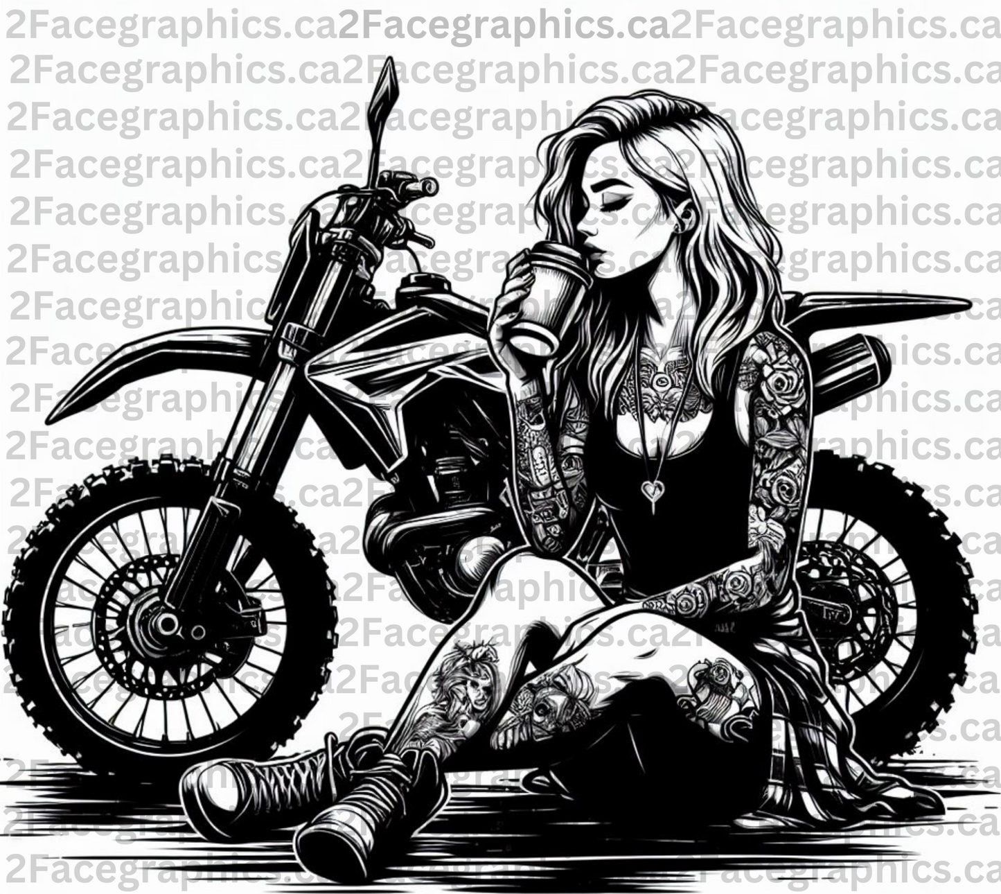 BW girl drinking coffee next to dirt bike WRAP (Copy) 2Face Graphics