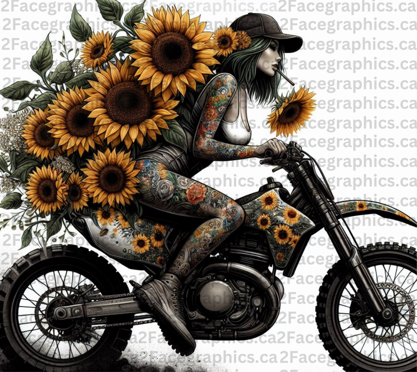 Girl with tattoo riding dirt bike with sunflowers on her back WRAP 2Face Graphics