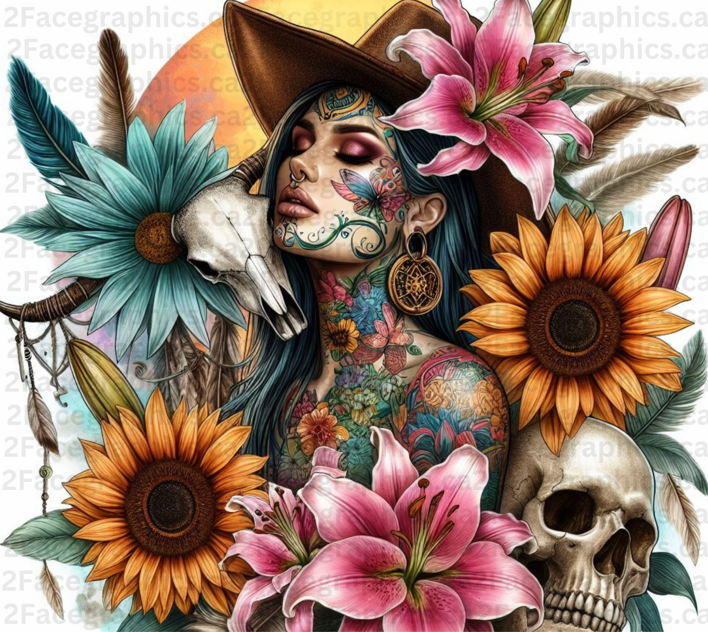 Boho style girl with turquoise sunflower and lilies WRAP 2Face Graphics