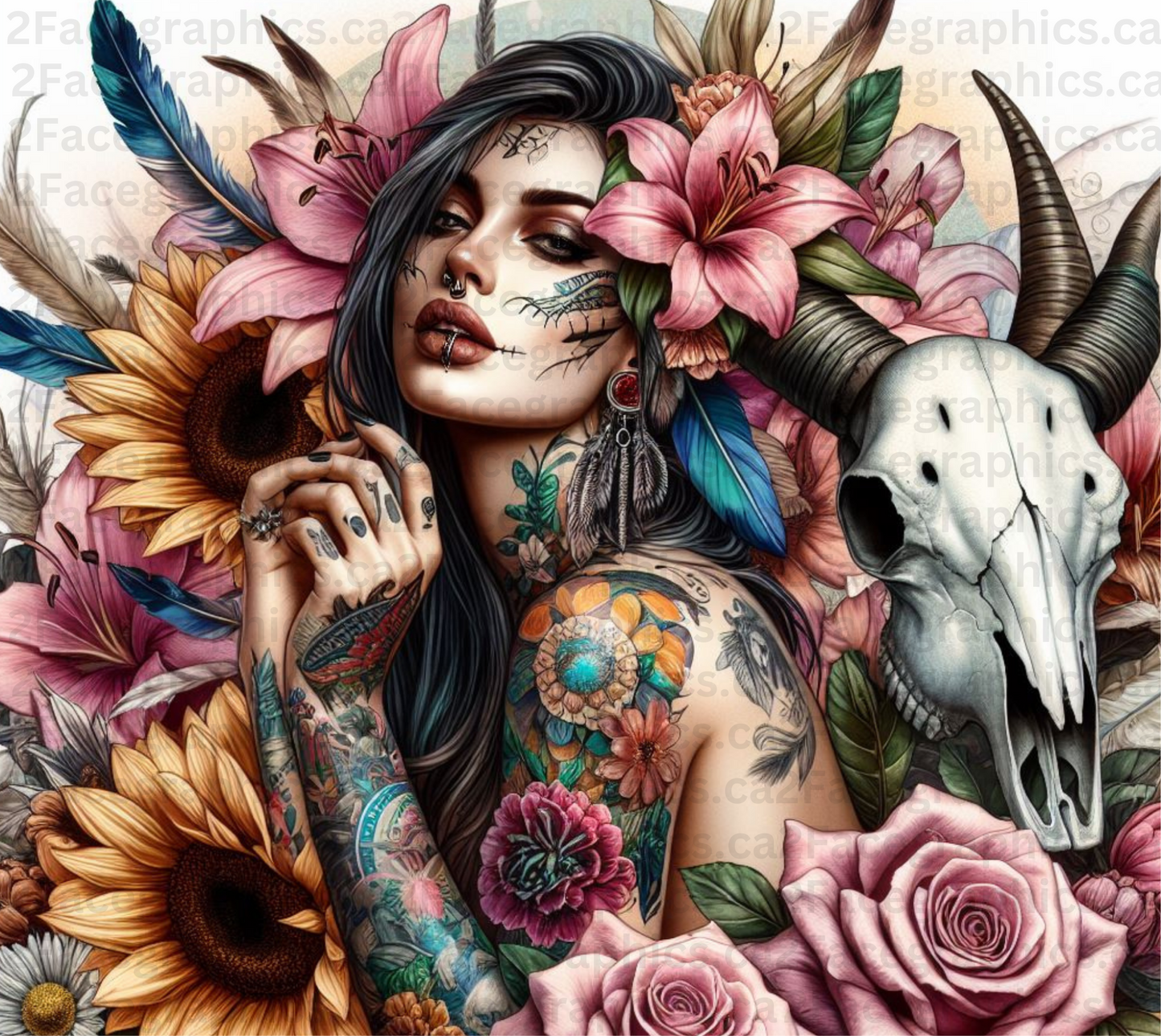 Boho style girl with skulls lilies and colorful feathers 2Face Graphics