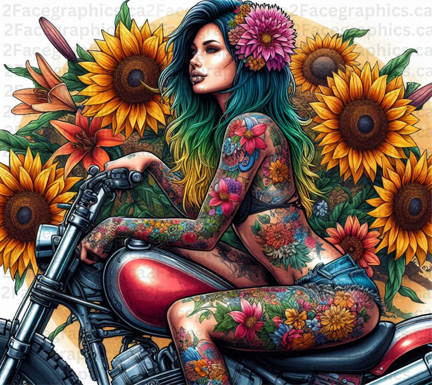 Colorful tattoo girl riding a motorcycle WRAP 2Face Graphics