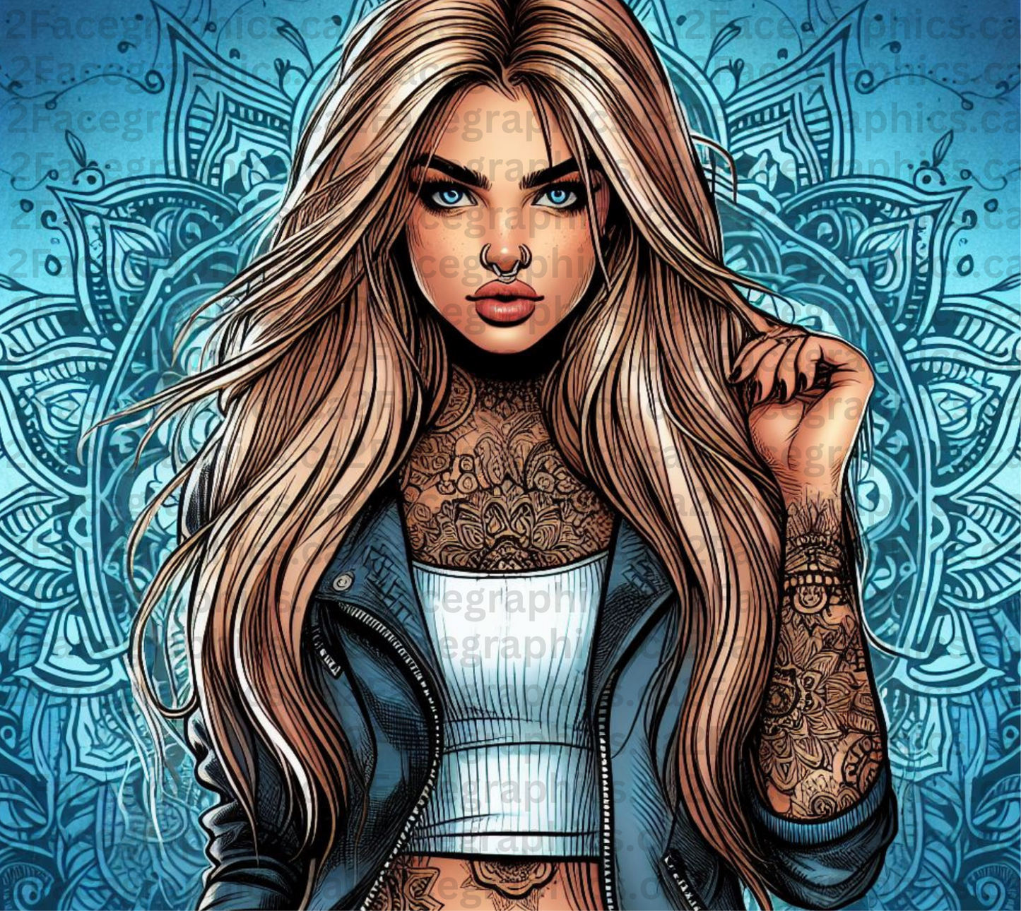 blue mandala with dark blonde hair WRAP 2Face Graphics