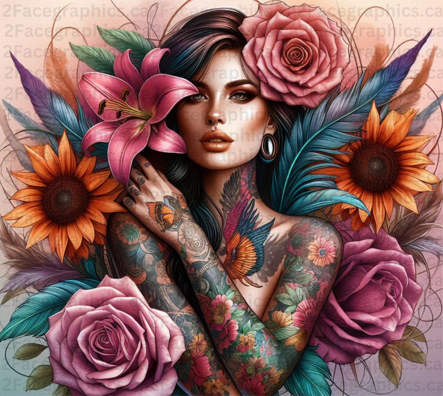 Coloful boho style girl with roses lilies and sunflowers WRAP 2Face Graphics