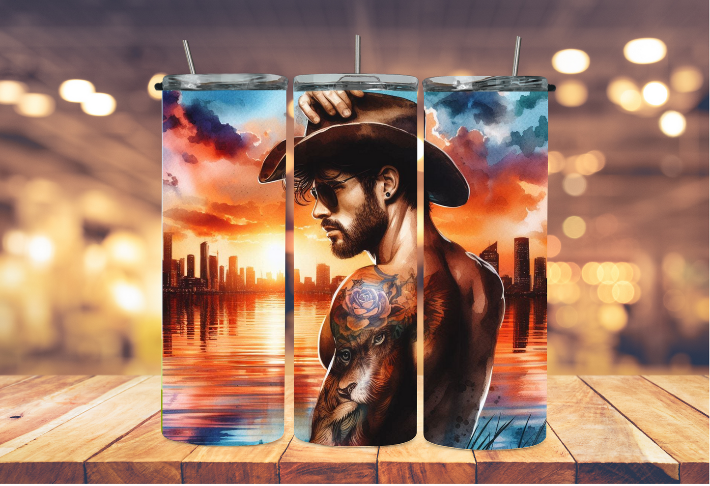 Guy with a cowboy hat standing in front of the city line 2Face Graphics