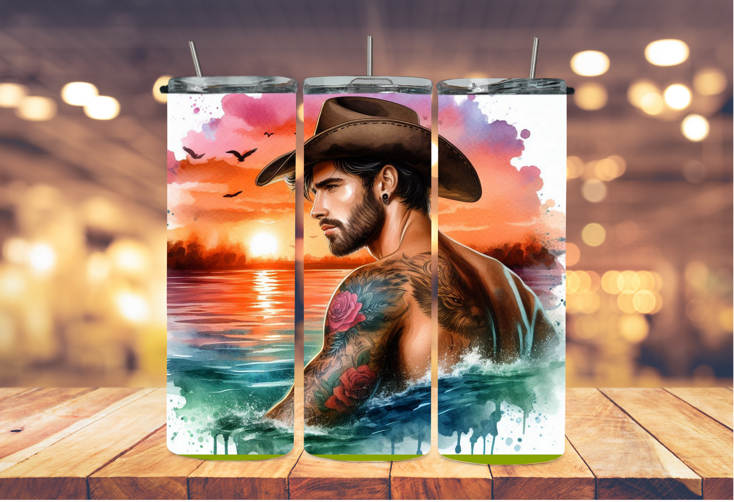 cowboy enjoying sunrise in the waves