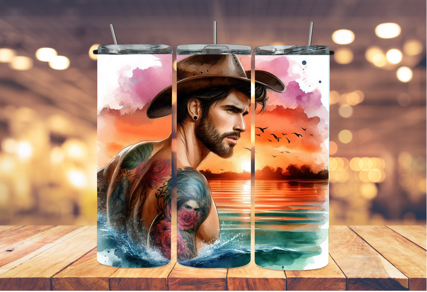 cowboy enjoying sunrise in the waves with birds 2Face Graphics