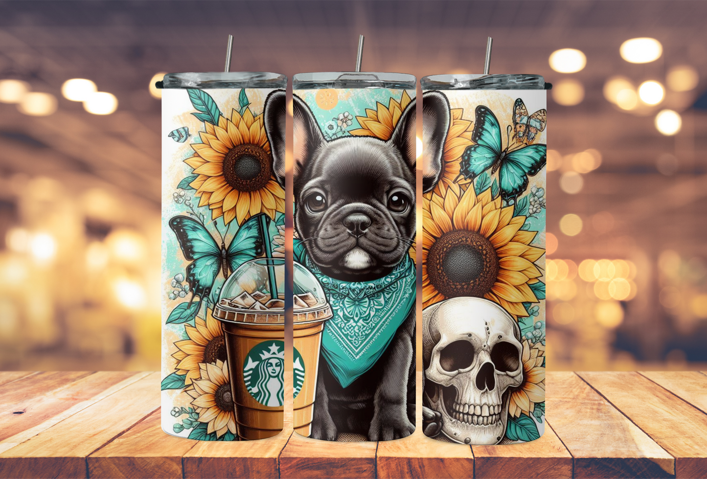 Frenchie drinking coffee starbucks