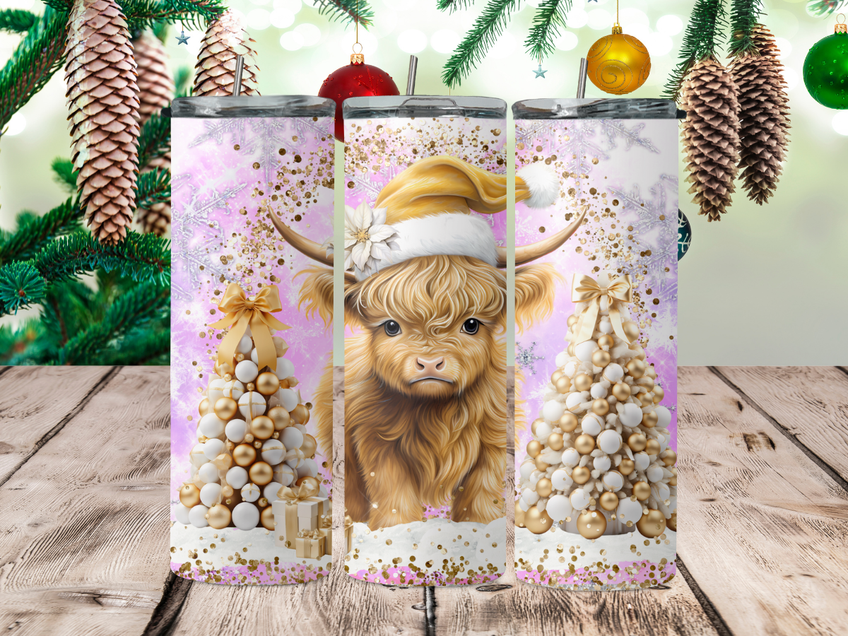 Gold Christmas highland cow with Christmas trees 2Face Graphics
