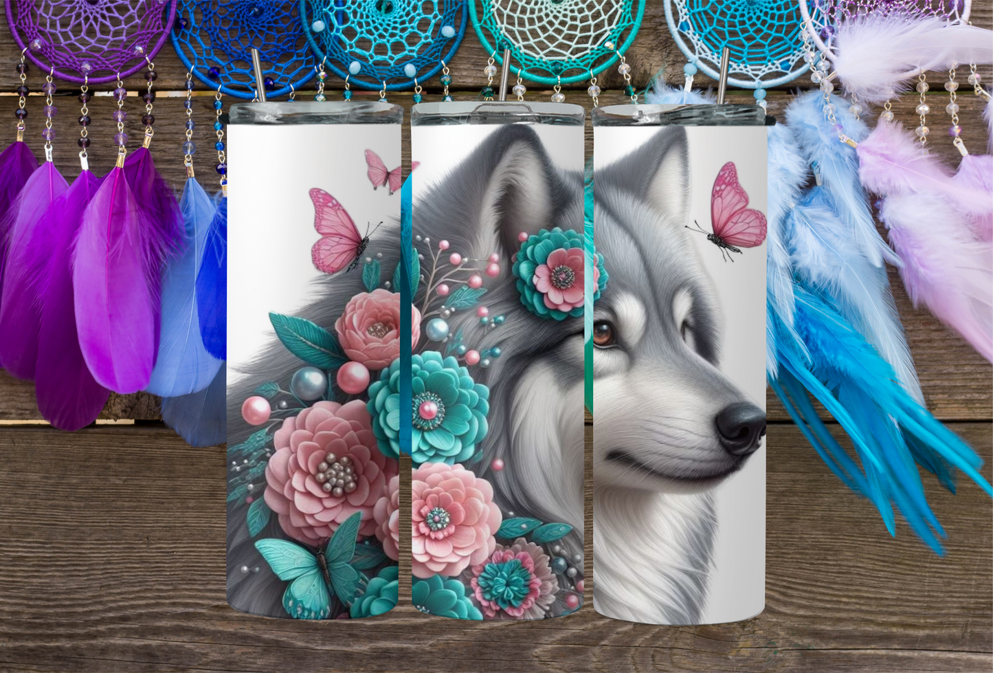 Wolf With 3D Flowers 2Face Graphics