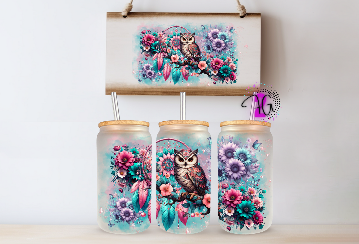 pink, turquoise & blue owl 2Face Graphics