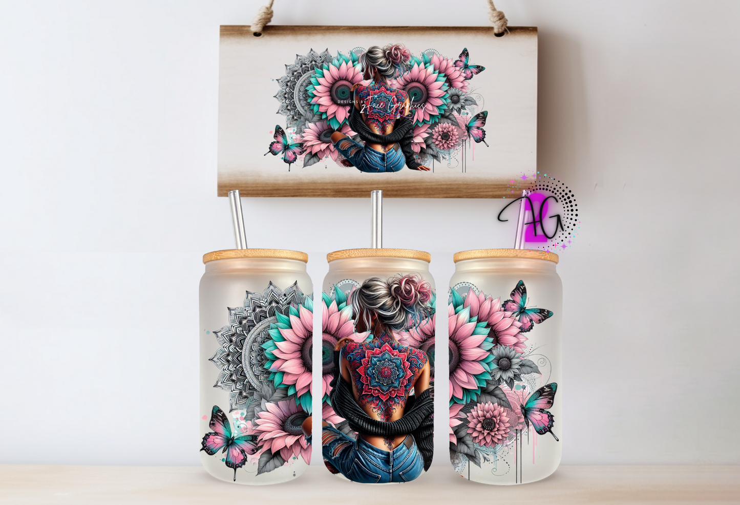 pink blue flowers with girl 2Face Graphics